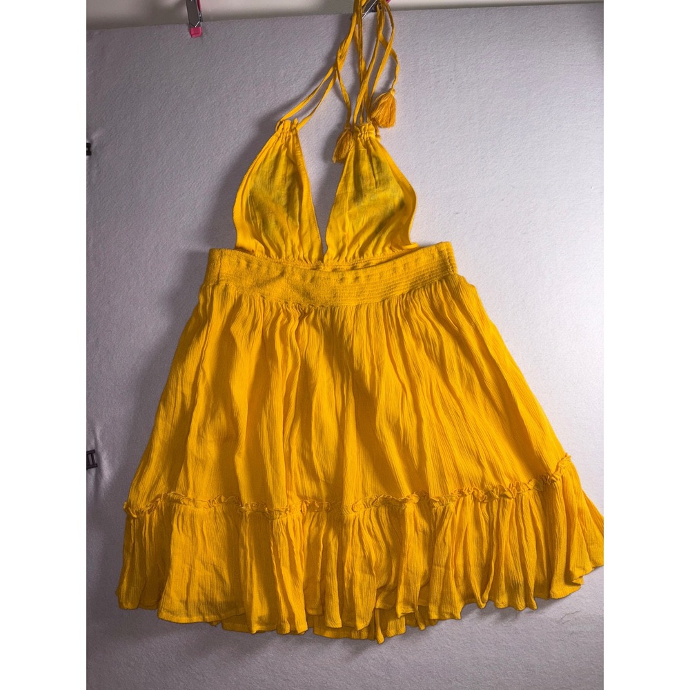Forever 21 Yellow Embroidered Halter Mini Dress Floral Bird Tassel Large - Picture 11 of 11